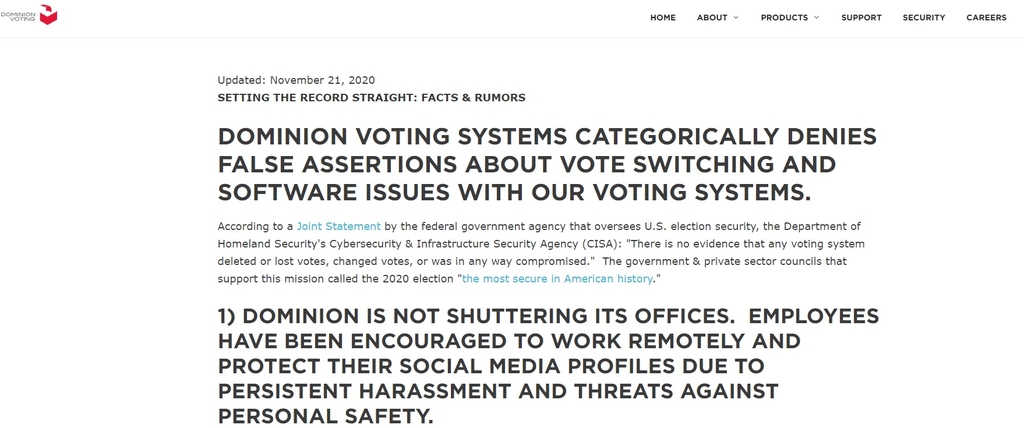 투표부정 관련 음모론 부인하는 회사측 홈페이지 게시물