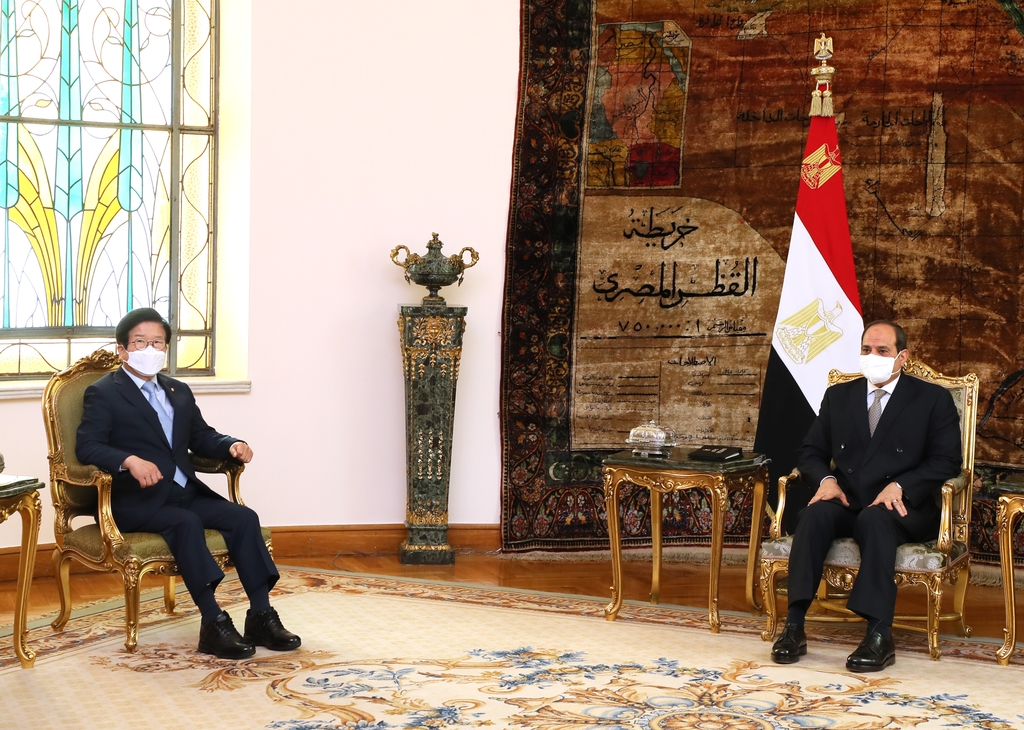 이집트를 공식 방문 중인 박병석 국회의장이 10일(현지시간) 카이로 대통령궁에서 압델 파타 엘시시 이집트 대통령을 면담하고 있다. [국회 제공]