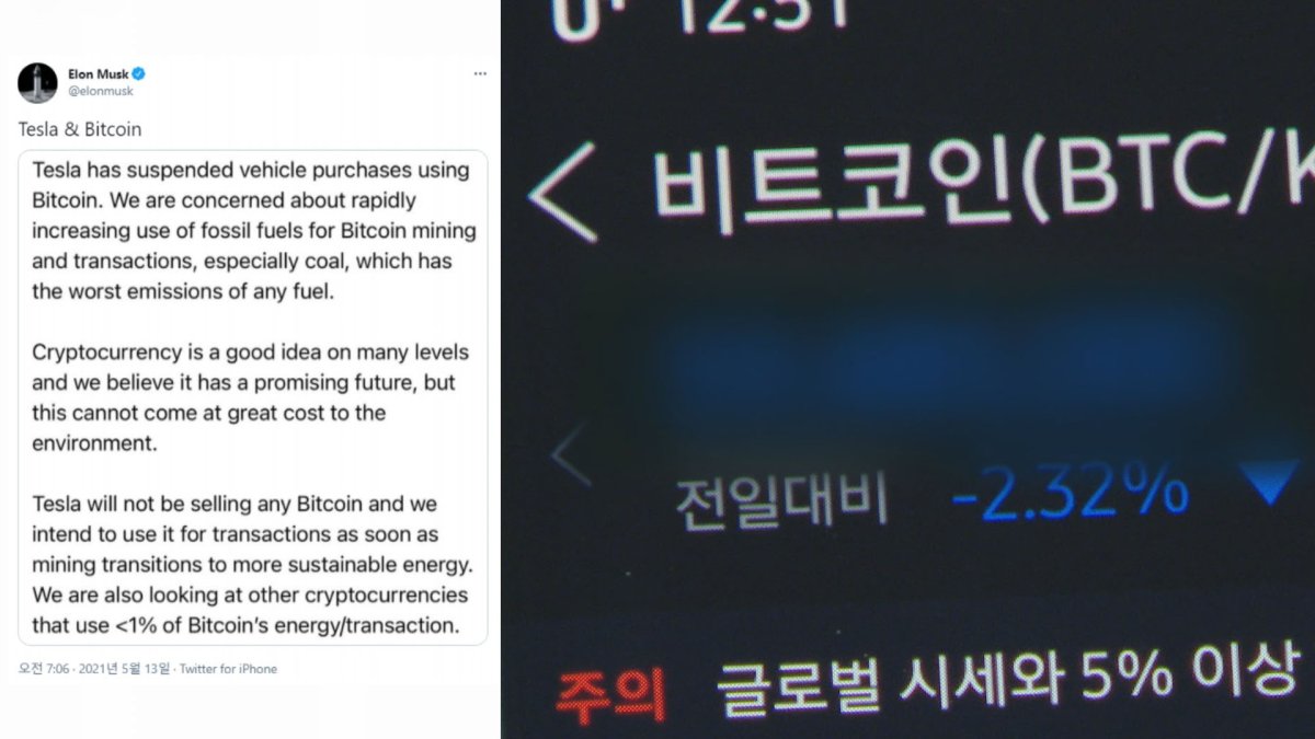 "비트코인 결제중단" 머스크 트윗에 가상화폐 시총 415조원 증발