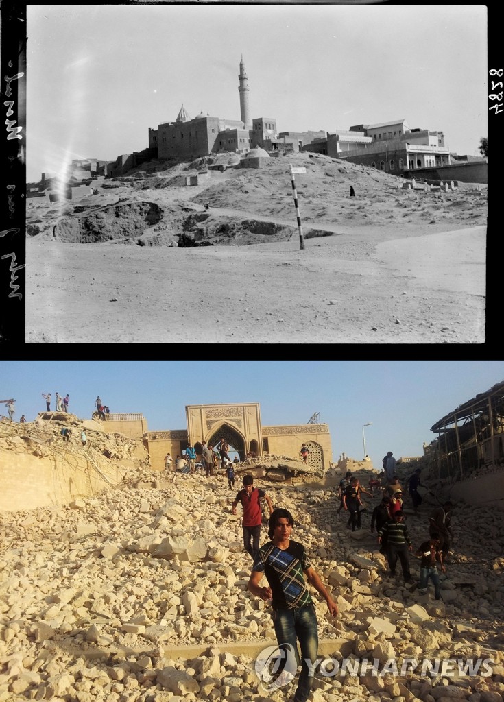이슬람 수니파 무장단체 이슬람국가(IS)가 파괴한 이라크 모술의 나비 유누스 묘지의 모습. 사진 위가 1932년 촬영된 원래 모습이며 아래는 지난 7월24일 파괴된 이후의 모습. (AP=연합뉴스 자료사진)