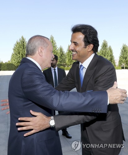 리라 폭락 사태 중 터키를 방문해 에르도안 터키 대통령(오른쪽)과 만나 투자를 약속한 카타르 군주 [AP=연합뉴스]
