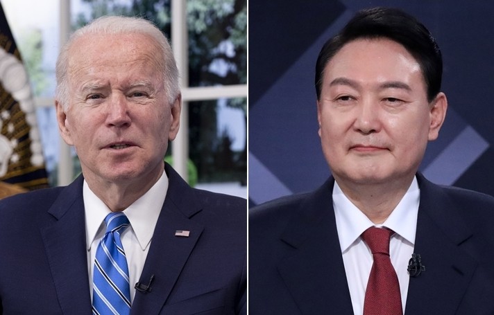 This compilation image shows President Yoon Suk-yeol (R) and U.S. President Joe Biden, with the photo of Biden taken from the EPA. (Yonhap)