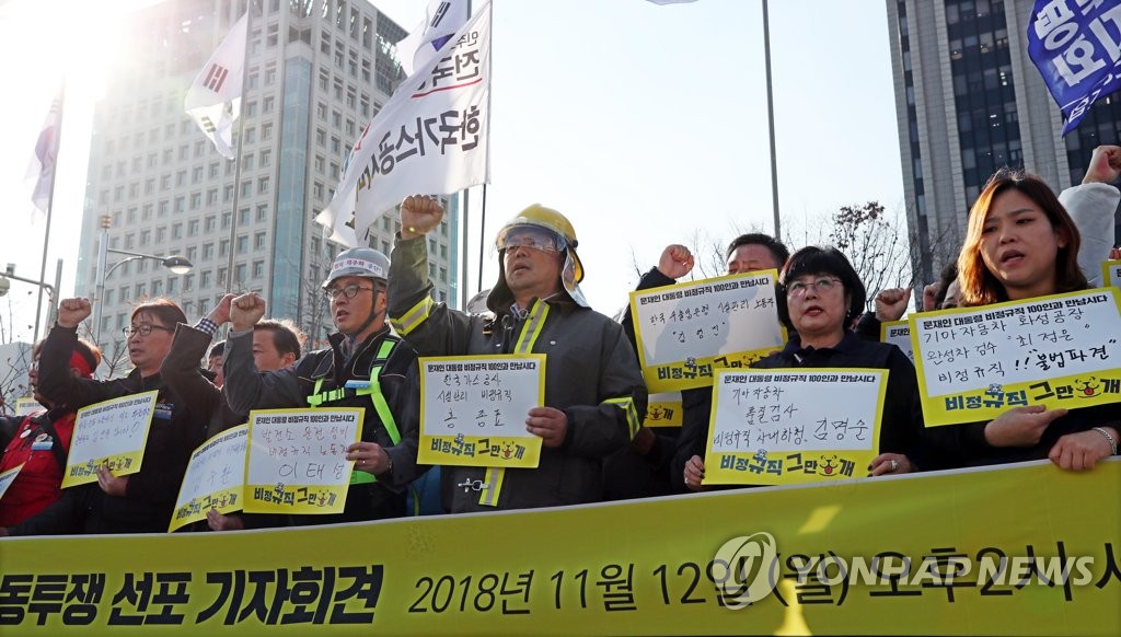 구호 외치는 비정규직 노동자들