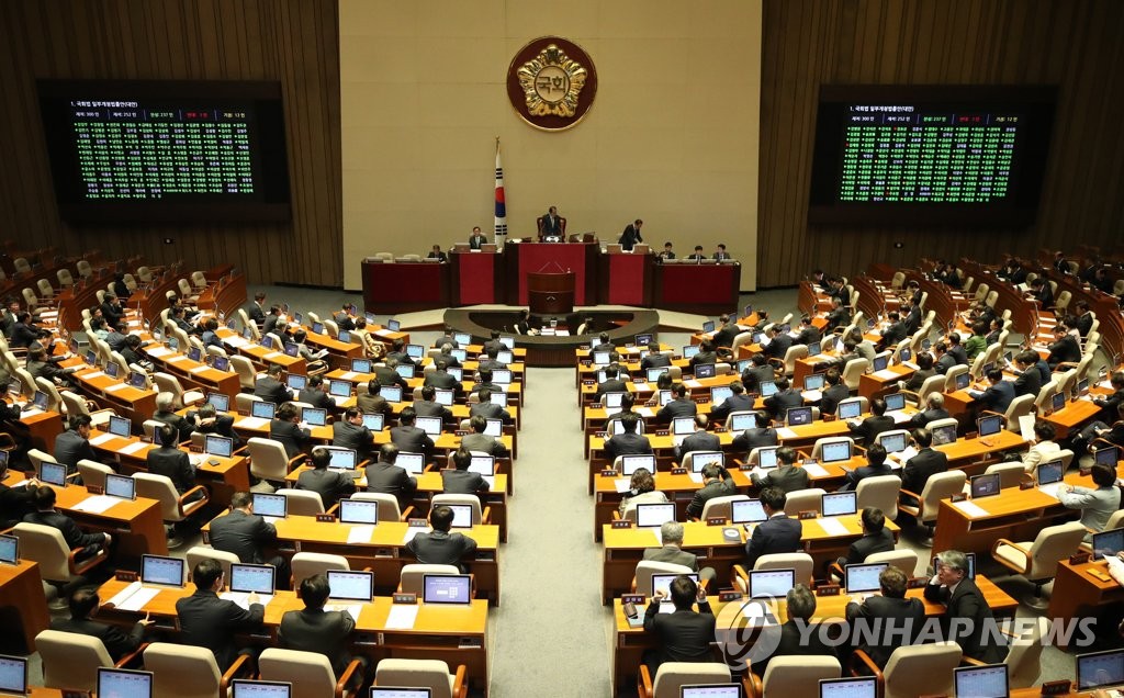 The National Assembly passes a motion to ratify South Korea's defense cost deal with the United States and key bills on April 5, 2019. (Yonhap)
