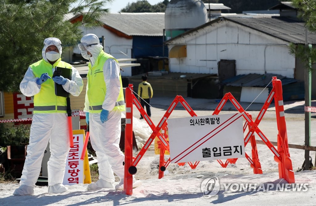 Qurantine officials control access to a pig farm in Gimpo, west of Seoul, on Sept. 23, 2019, after another suspected case of African swine fever was reported earlier in the morning from a farm in Gimpo. (Yonhap)