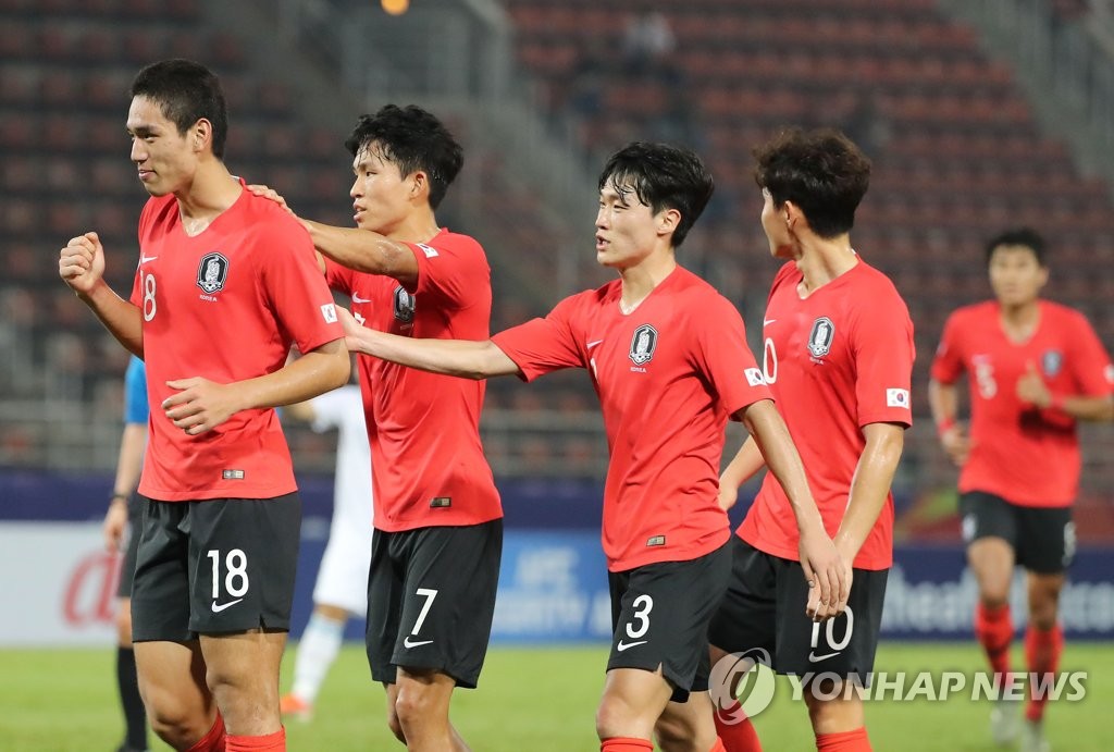 골 세리머니를 펼치는 한국 U-23 축구대표팀