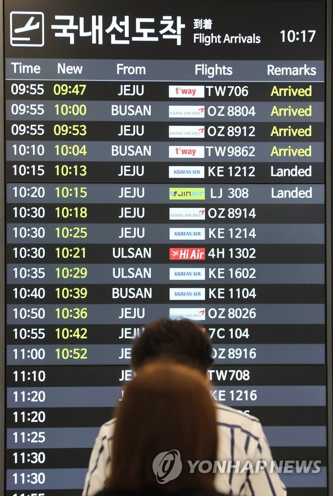 김포공항 국내선 도착편 스케줄 살펴보는 시민들