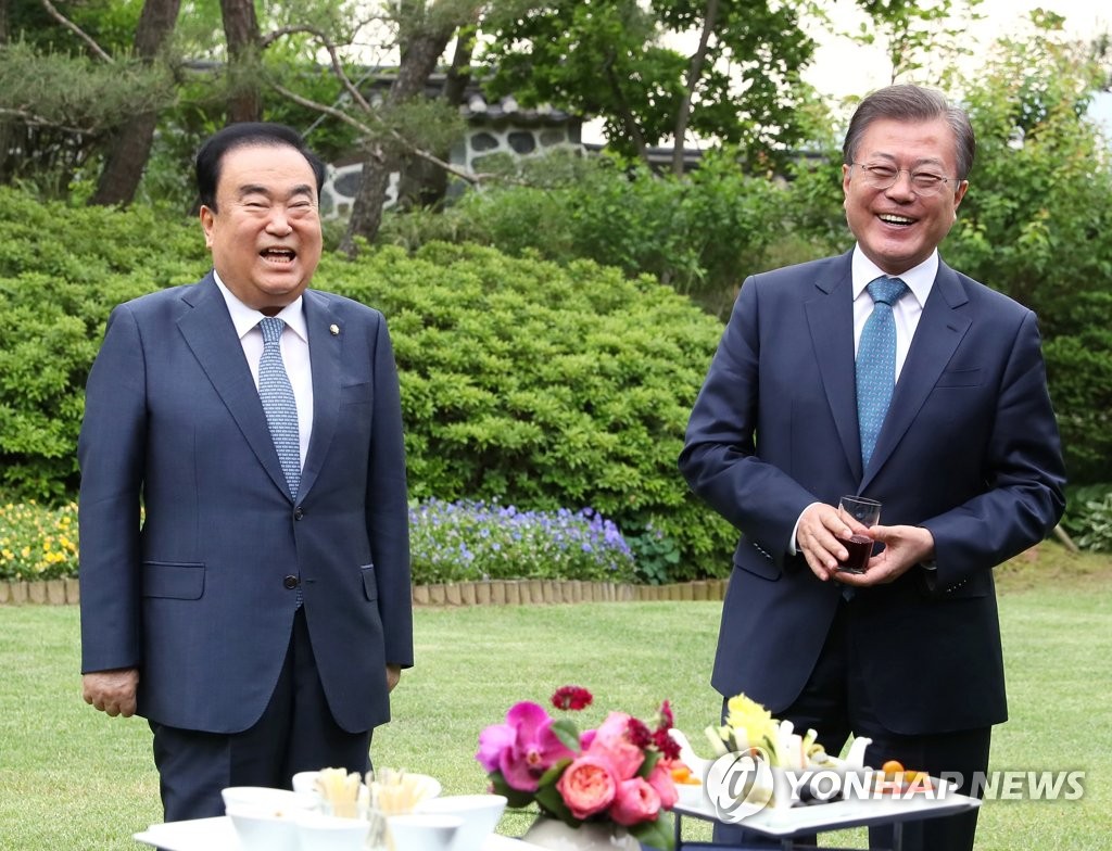 웃으며 대화나누는 문희상 의장과 문재인 대통령