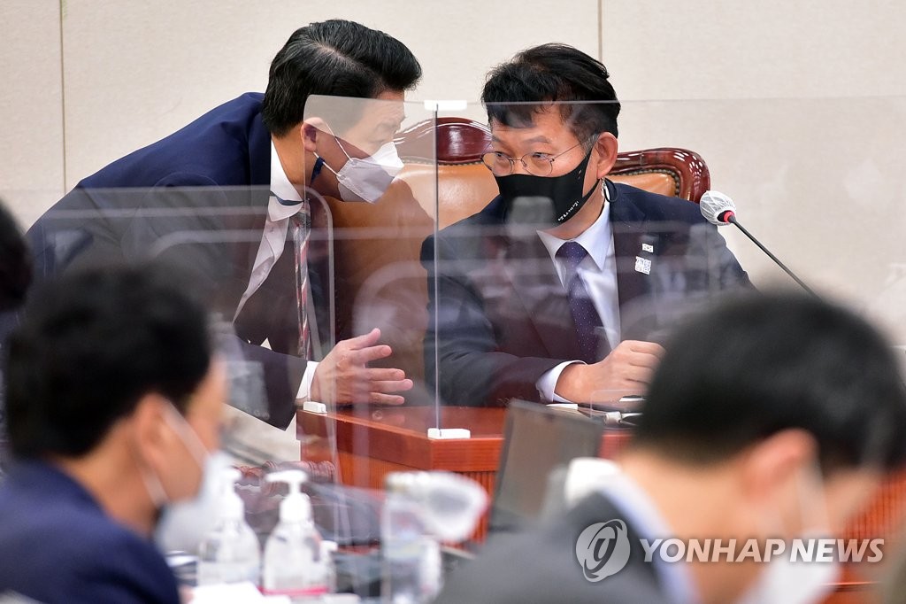 논의하는 송영길 외통위원장과 김영호 여당 간사