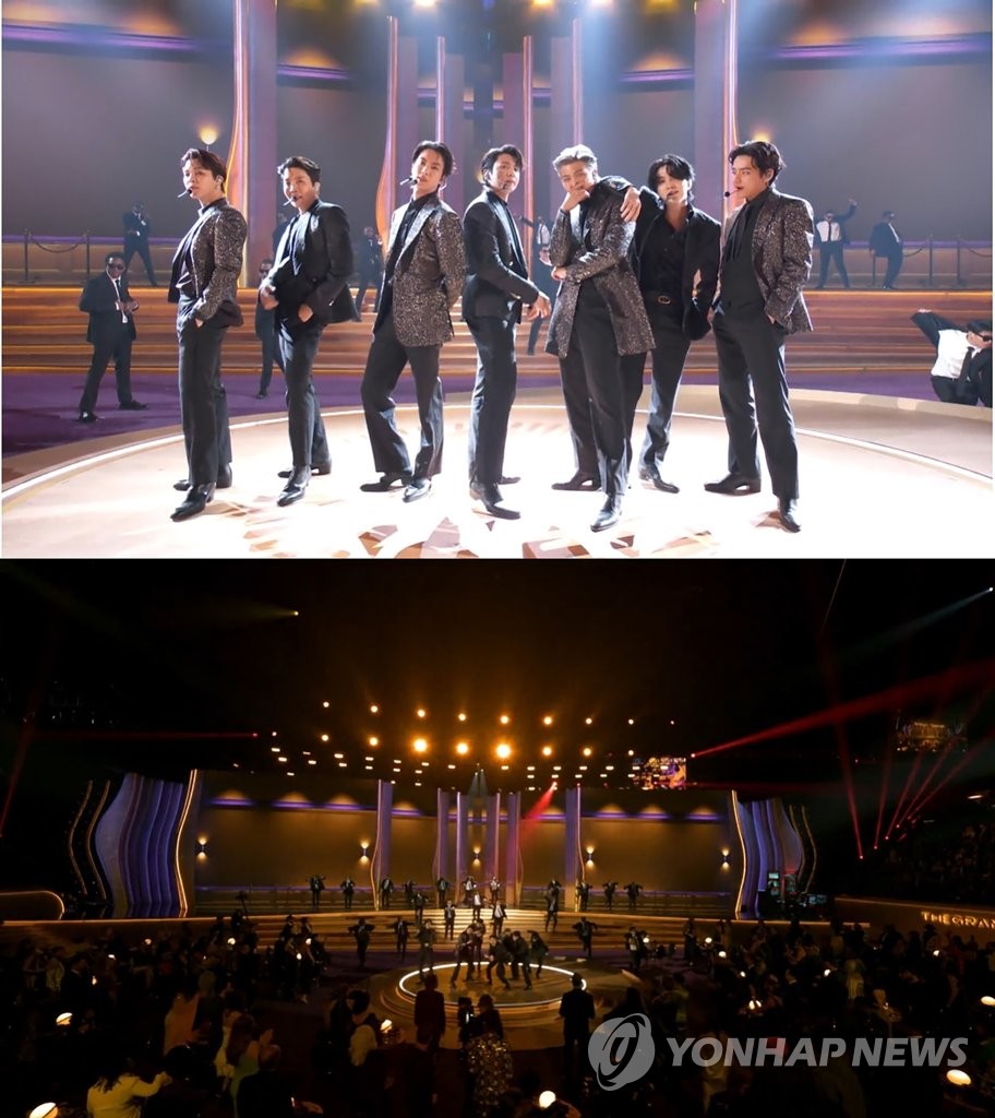 Les membres du groupe de K-pop Bangtan Boys () se produisent lors de la principale cérémonie des 64e Grammy Awards à la MGM Grand Garden Arena à Las Vegas, le dimanche 3 avril 2022 (heure locale). (Photo fournie par Big Hit Music. Revente et archivage interdits)