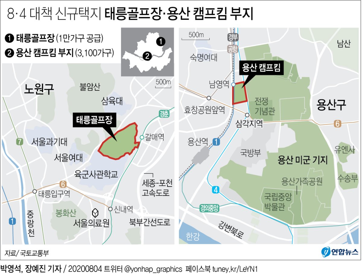 [그래픽] 8·4 대책 신규택지 태릉골프장·용산 캠프킴 부지
