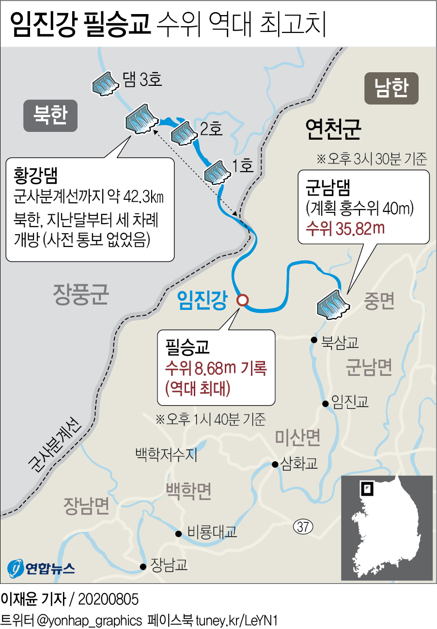 [그래픽] 임진강 필승교 수위 사실상 역대 최고치 기록