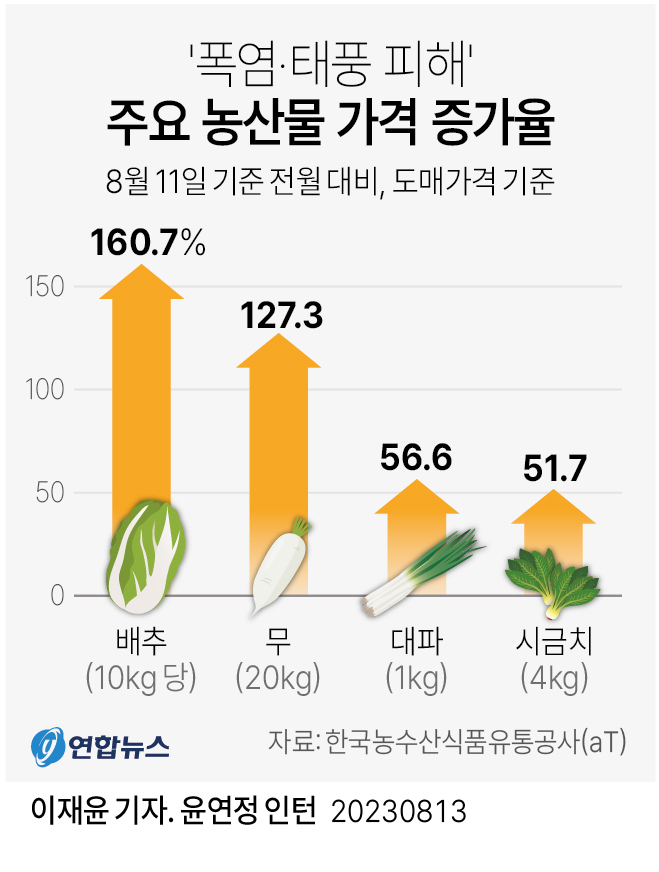 [그래픽] '폭염·태풍 피해' 주요 농산물 가격 증가율
