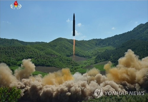 This image captured from footage aired by North Korea's state TV station on July 4, 2017, shows the launch of what North Korea claims to be an intercontinental ballistic missile, known as the Hwasong-14. (For Use Only in the Republic of Korea. No Redistribution) (Yonhap)