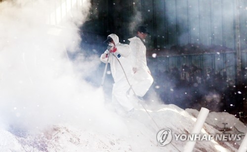 Quarantine officials disinfect a duck farm in Yeongam, 380 kilometers south of Seoul, following an outbreak of highly pathogenic bird flu on Dec. 11, 2017. (Yonhap) 