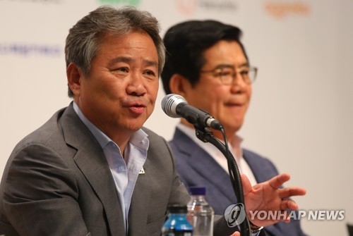 Korean Sport & Olympic Committee (KSOC) President Lee Kee-heung speaks in a press conference at National Training Center in Jincheon, North Chungcheong Province, on July 10, 2018. (Yonhap)