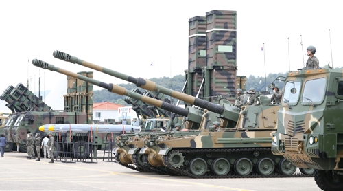 Seen here is the South Korean military's key strategic weapons on display for the 71st Armed Forces Day event in Daegu, South Korea. (Yonhap)