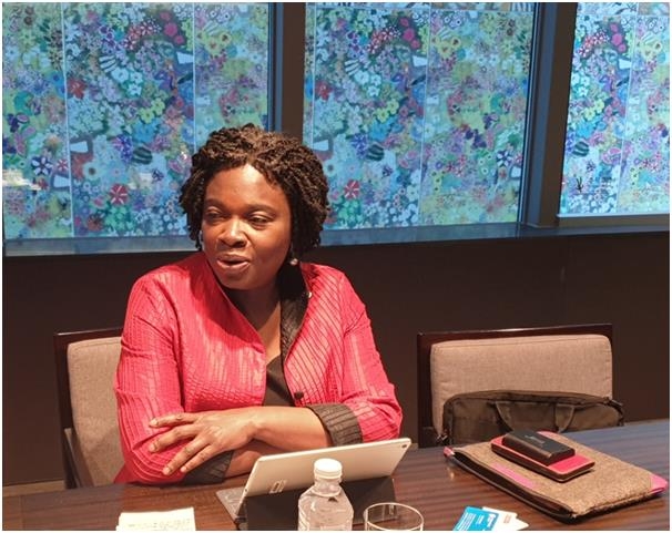 Victoria Kwakwa, regional vice president for East Asia and the Pacific at the World Bank, speaks in an interview with South Korean media at a hotel on Nov. 7, 2019, in this photo provided by a finance ministry official. (PHOTO NOT FOR SALE) (Yonhap)