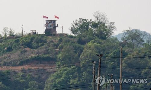 This EPA photo taken on May 3, 2020, shows a North Korean frontier post at the inter-Korean border near the city of Paju, Gyeonggi Province. (Yonhap)