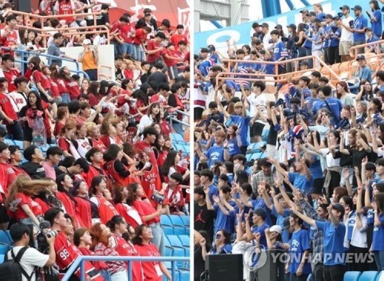 These undated file photos show Korea University students (L) and Yonsei University students (R) during a sports competition held as part of their annual festival. (Yonhap)