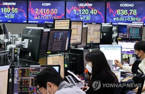 Electronic signboards at the trading room of Hana Bank in Seoul show the local currency closed at 1,120.4 won against the U.S. dollar on Nov. 2, 2020, up 7.8 won from the previous session's close. (Yonhap)	