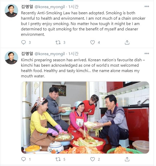 This photo, captured from the Twitter account of a North Korean named Kim Myong-il on Nov. 13, 2020, shows his posts on smoking and kimchi, a traditional Korean dish. (PHOTO NOT FOR SALE) (Yonhap)
