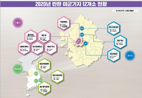 This image provided by the defense ministry on Dec. 11, 2020, shows 12 U.S. military sites that were returned to South Korean control. (PHOTO NOT FOR SALE) (Yonhap)