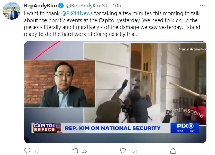 This captured image from the Twitter account of Rep. Andy Kim (D-NJ) shows a clip from his interview with local television news channel PIX11 News on Jan. 7, 2021, in which he talked about the insurrection at the U.S. Capitol the previous day. (PHOTO NOT FOR SALE) (Yonhap)