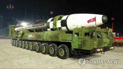 This image, captured from Korean Central Television footage on Oct. 10, 2020, shows North Korea's new intercontinental ballistic missile (ICBM), which was displayed during a military parade held in Pyongyang to mark the 75th founding anniversary of the ruling Workers' Party. (For Use Only in the Republic of Korea. No Redistribution) (Yonhap)