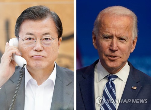 Photos of President Moon Jae-in (L) and U.S. President Joe Biden. The first image was provided by Cheong Wa Dae and the second one is an AP file photo. (PHOTO NOT FOR SALE) (Yonhap)