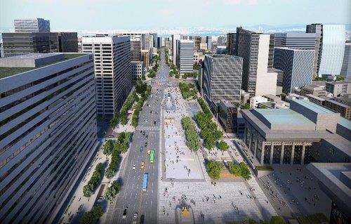 This image, provided by the Seoul metropolitan government, illustrates Gwanghwamun Square, viewed from the north, after the road to its west is turned into a park. (PHOTO NOT FOR SALE) (Yonhap) 
