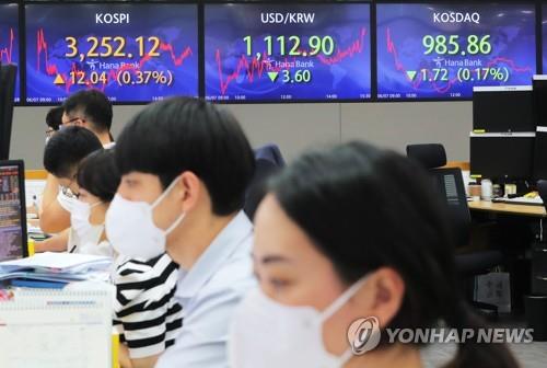 Electronic signboards at a Hana Bank dealing room in Seoul show the benchmark Korea Composite Stock Price Index (KOSPI) closed at 3,252.12 on June 7, 2021, up 12.04 points, or 0.37 percent, from the previous session's close. (Yonhap)