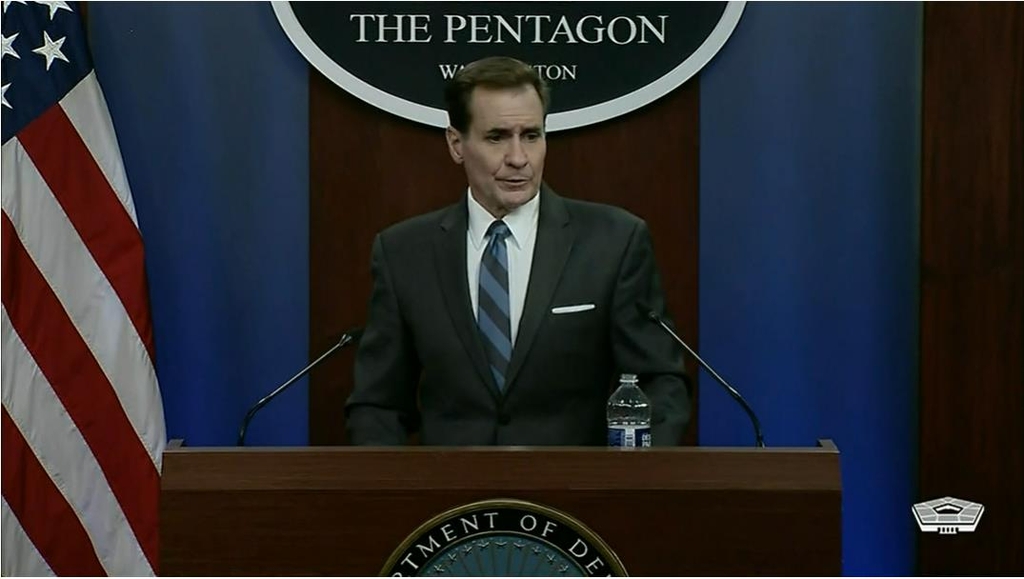 U.S. Department of Defense Press Secretary John Kirby is seen answering questions during a press briefing at the Pentagon in Washington on Oct. 12, 2021 in this image captured from the Department of Defense website. (PHOTO NOT FOR SALE) (Yonhap)