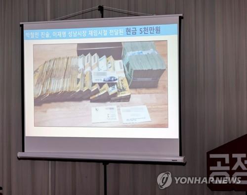This photo shows an image displayed by Rep. Kim Yong-pan of the People Power Party during a parliamentary audit of the Gyeonggi provincial government in Suwon, south of Seoul, on Oct. 18, 2021. Kim claimed the money in the photo was bribes from gangsters to Gyeonggi Gov. Lee Jae-myung. (Pool photo) (Yonhap)