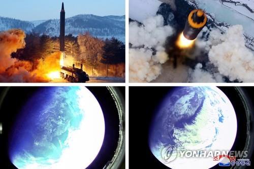 This composite photo, released by North Korea's official Korean Central News Agency, shows an intermediate-range ballistic missile, Hwasong-12, being launched on Jan. 30, 2022. (For Use Only in the Republic of Korea. No Redistribution) (Yonhap)