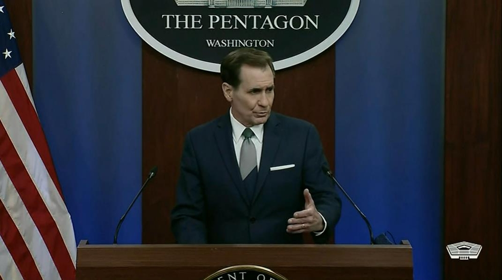 U.S. Department of Defense Press Secretary John Kirby is seen answering a question in a press briefing at the Pentagon in Washington on Feb. 25, 2022 in this image captured from the department's website. (Yonhap)
