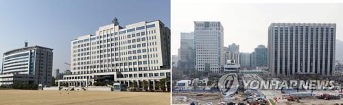 The photo on the left shows a building of the defense ministry in Seoul's Yongsan district, while the photo on the right shows the Seoul government complex (R) next to the foreign ministry building in Seoul's Gwanghwamun. (Yonhap)