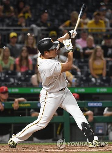 In this Getty Images file photo from July 5, 2019, Kang Jung-ho of the Pittsburgh Pirates hits a home run against the Milwaukee Brewers in the bottom of the ninth inning of a Major League Baseball regular season game at PNC Park in Pittsburgh. (Yonhap)