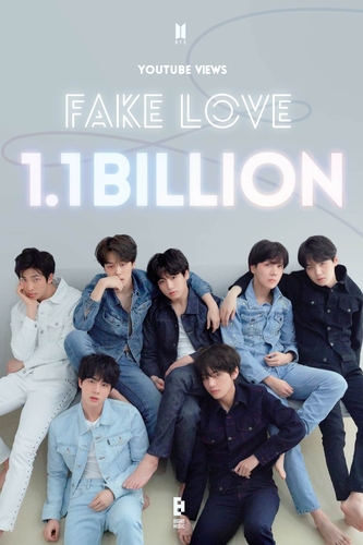 This image, provided by Big Hit Music on April 23, 2022, celebrates 1.1 billion YouTube views for the music video for BTS' "Fake Love." (PHOTO NOT FOR SALE) (Yonhap)