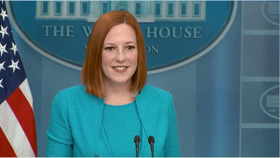 White House Press Secretary Jen Psaki is seen holding a press briefing at the White House in Washington on May 9, 2022 in this image captured from the White House' website. (Yonhap)