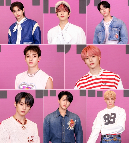 K-pop boy group Stray Kids poses for the camera during an online press conference for its seventh EP "Maxident" on Oct. 7, 2022, in this composite photo provided by JYP Entertainment (PHOTO NOT FOR SALE) (Yonhap)