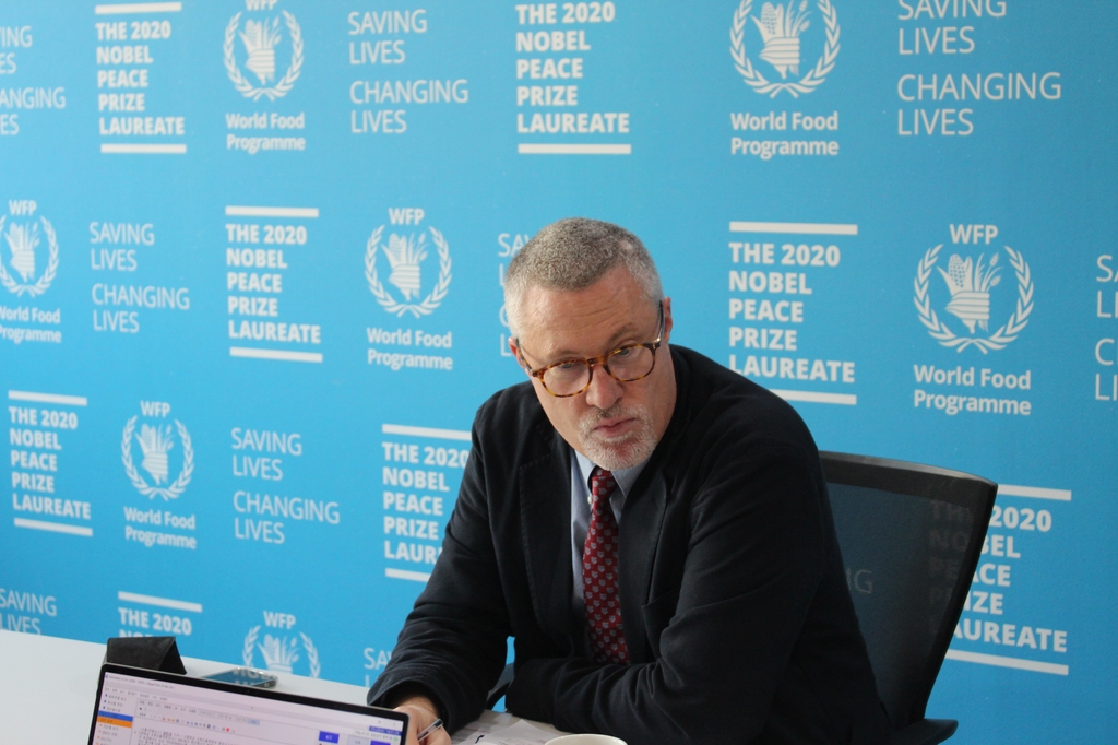 This photo, provided by the World Food Program on Nov. 23, 2022, shows Brian Lander, deputy director of the agency's emergency operations division, speaking during an interview with Yonhap News Agency in Seoul. (PHOTO NOT FOR SALE) (Yonhap)
