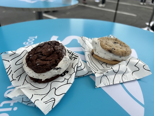 This photo, taken Jan. 4, 2023, shows ice cream sandwiches, made with plant-based milk protein produced by Perfect Day, one of the food items served by SK at its food truck during CES 2023 in Las Vegas. (Yonhap) 