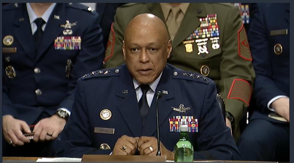 Gen. Anthony Cotton, commander of U.S. Strategic Command, is seen delivering remarks during a Senate armed services committee hearing in Washington on March 9, 2023 in this captured image. (Yonhap)