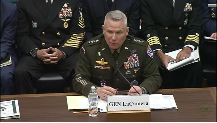 Gen. Paul LaCamera, commander of U.S. Forces Korea, is seen speaking during a House armed services committee hearing in Washington on April 18, 2023 in this captured image. (Yonhap)
