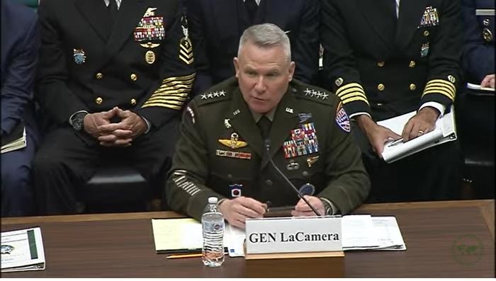 En esta imagen capturada, se ve al general Paul LaCamera, comandante de las fuerzas estadounidenses en Corea, hablando durante una audiencia del comité de servicios armados de la Cámara de Representantes en Washington el 18 de abril de 2023.  (Yonhap)