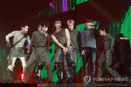 K-pop boy group Ateez performs during a media showcase for its ninth EP, "The World Ep. 2: Outlaw," at KBS Arena in western Seoul on June 15, 2023. (Yonhap)