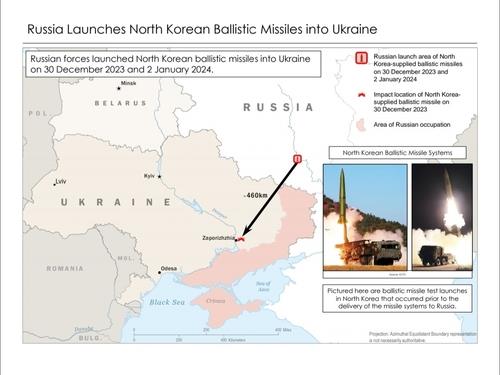 Esta imagen, proporcionada por la Casa Blanca, muestra el reciente lanzamiento por parte de Rusia de misiles balísticos norcoreanos hacia Ucrania.  (FOTO NO EN VENTA) (Yonhap)