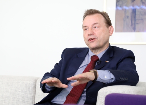 German Ambassador to South Korea Georg Schmidt speaks during an interview with Yonhap News Agency at the ambassador's official residence in Seoul on Nov. 21, 2023. (Yonhap)