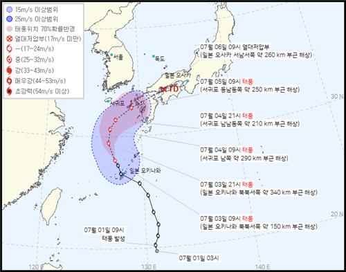 Trajectoire estimée du typhon numéro 4, Aere. (Photo fournie par la KMA. Revente et archivage interdits) 